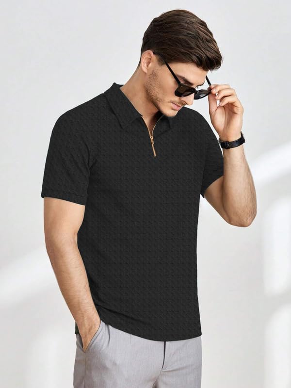 KAJARU Men's Polyster Blend Regular Fit T-Shirt with Half Sleeve Chain Polo Collar V-Neck Standard Length and Classic Style - Image 3