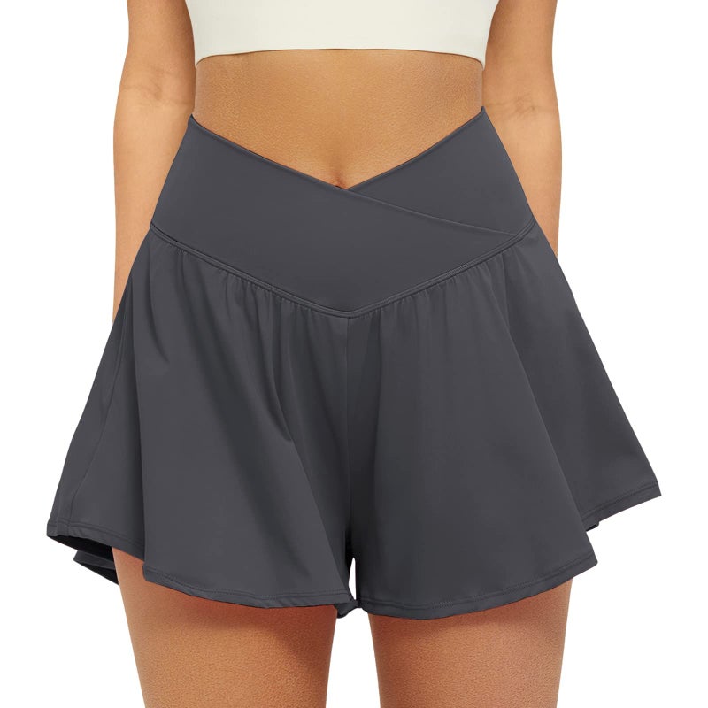 FireSwan Crossover Athletic Shorts for Women 2 in 1 Flowy Running Shorts with Pockets Spandex Butterfly Workout Tennis Skorts Dark Grey - Image 1
