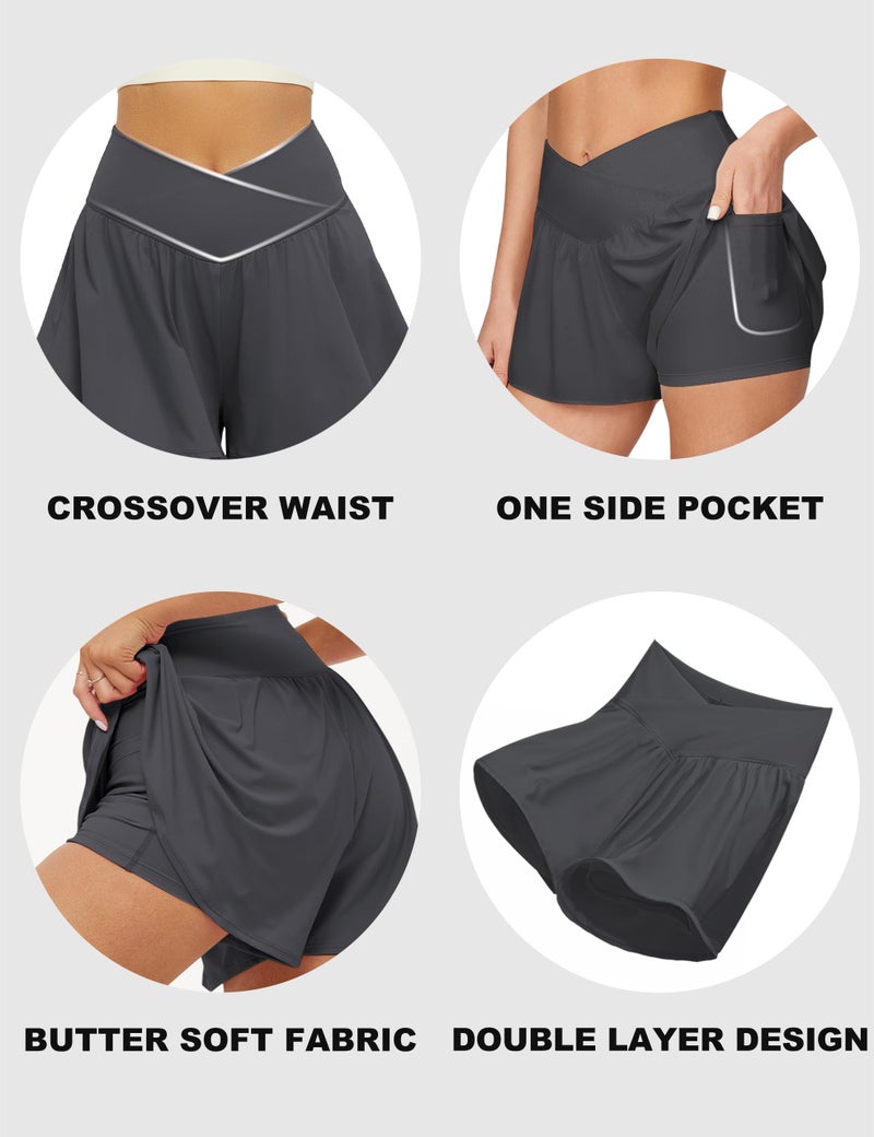 FireSwan Crossover Athletic Shorts for Women 2 in 1 Flowy Running Shorts with Pockets Spandex Butterfly Workout Tennis Skorts Dark Grey - Image 4