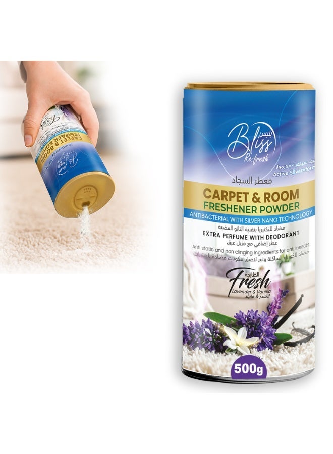BLISS Fresh Carpet & Room Freshener Powder 500g, Lavender & Vanilla with Antibacterial & Silver Nano Technology for Carpet Cleaning - Image 1