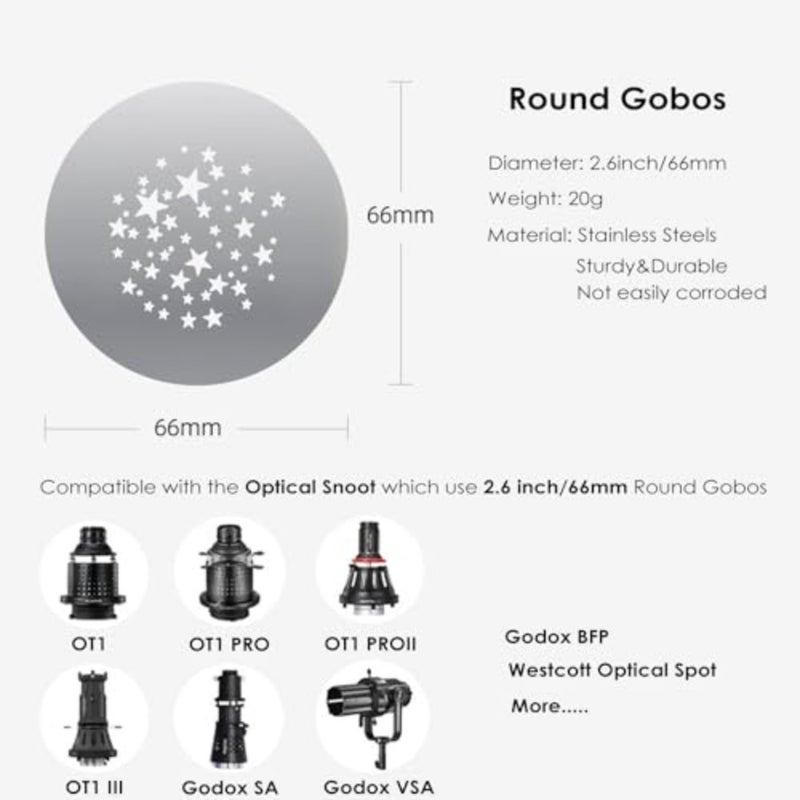 16Pcs Round Gobos Kit for Optical Snoot, 66mm/2.6in Metal Plate Patterns for Spotlight Attachment Compatible with Godox BFP/OT1/OT1 Pro/II/Westcott Optical Spot, for Portraits/Product/Food/YouTube - Image 4