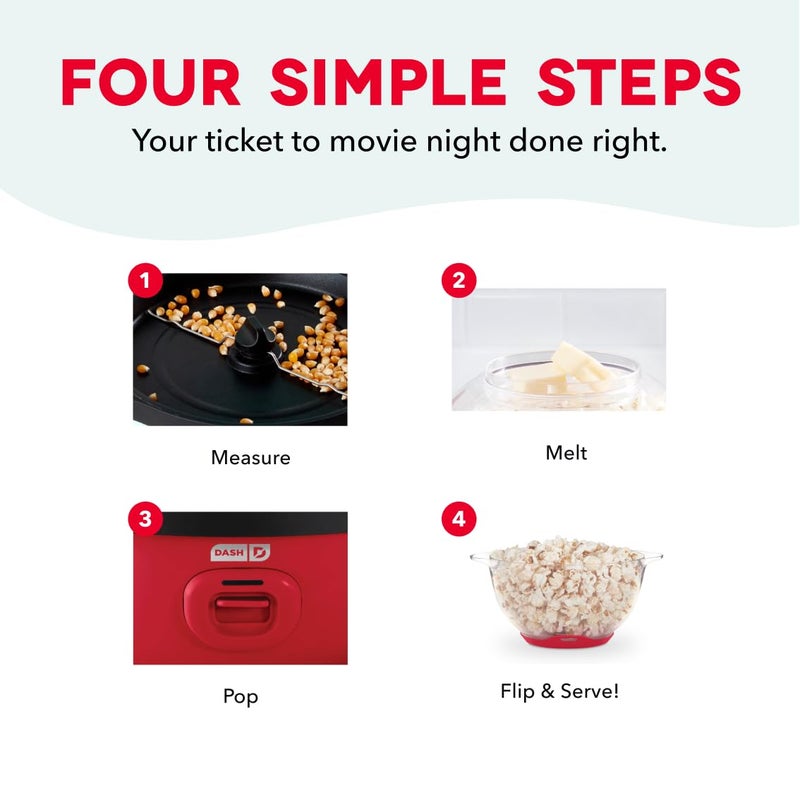 Dash SmartStore Stirring Popcorn Maker - Hot Oil Electric Popcorn Popper with Butter-Warming Tray, Clear Serving Bowl & Measuring Cup - 12 Cups, Red - Image 5