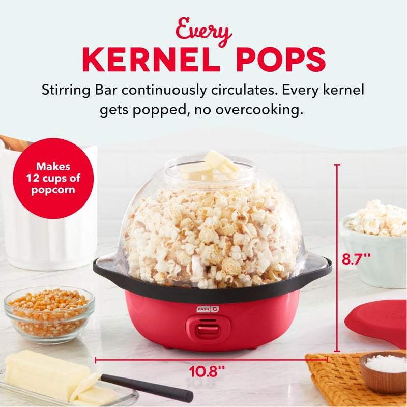 Dash SmartStore Stirring Popcorn Maker - Hot Oil Electric Popcorn Popper with Butter-Warming Tray, Clear Serving Bowl & Measuring Cup - 12 Cups, Red - Image 2