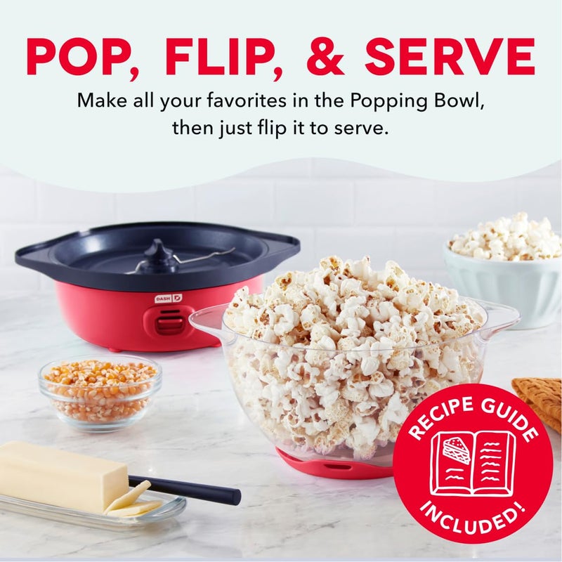 Dash SmartStore Stirring Popcorn Maker - Hot Oil Electric Popcorn Popper with Butter-Warming Tray, Clear Serving Bowl & Measuring Cup - 12 Cups, Red - Image 4