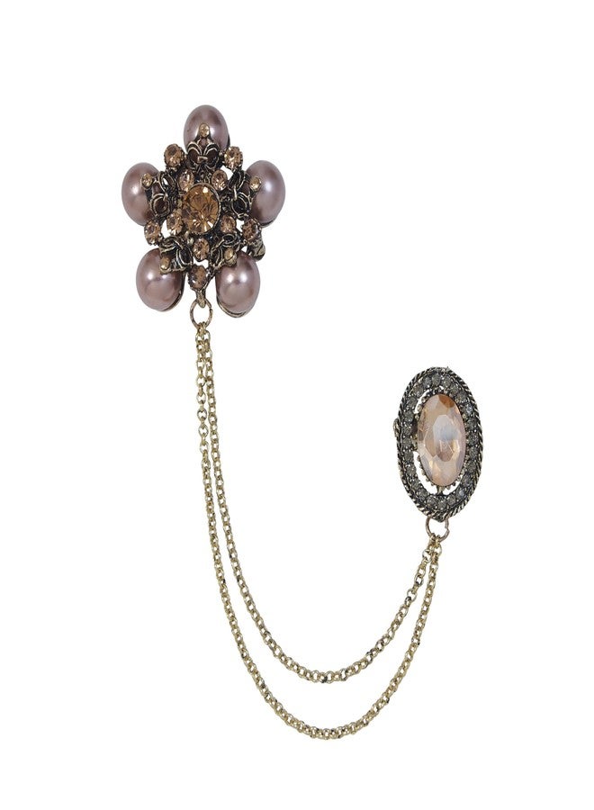 Adorn Gold Plated Rhinestone Floral Tassel Dual Chain Wedding Brooch for Men & Women (B2234) - Image 2