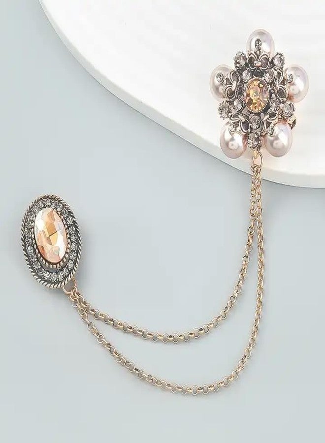 Adorn Gold Plated Rhinestone Floral Tassel Dual Chain Wedding Brooch for Men & Women (B2234) - Image 4