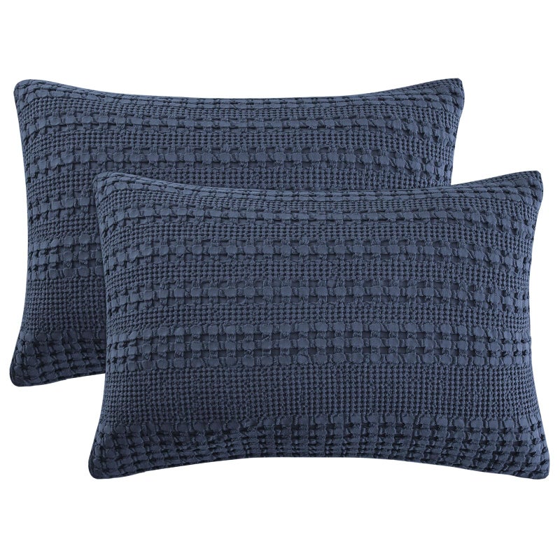 Phf 100% Cotton Waffle Pillow Shams Standard Size  2 Pack 20"" X 26"" Soft Skin-Friendly Pillowcases  No Filling  Aesthetic Woven And Breathable Waffle Weave Pillow Case Covers For Bed  Indigo - Image 1
