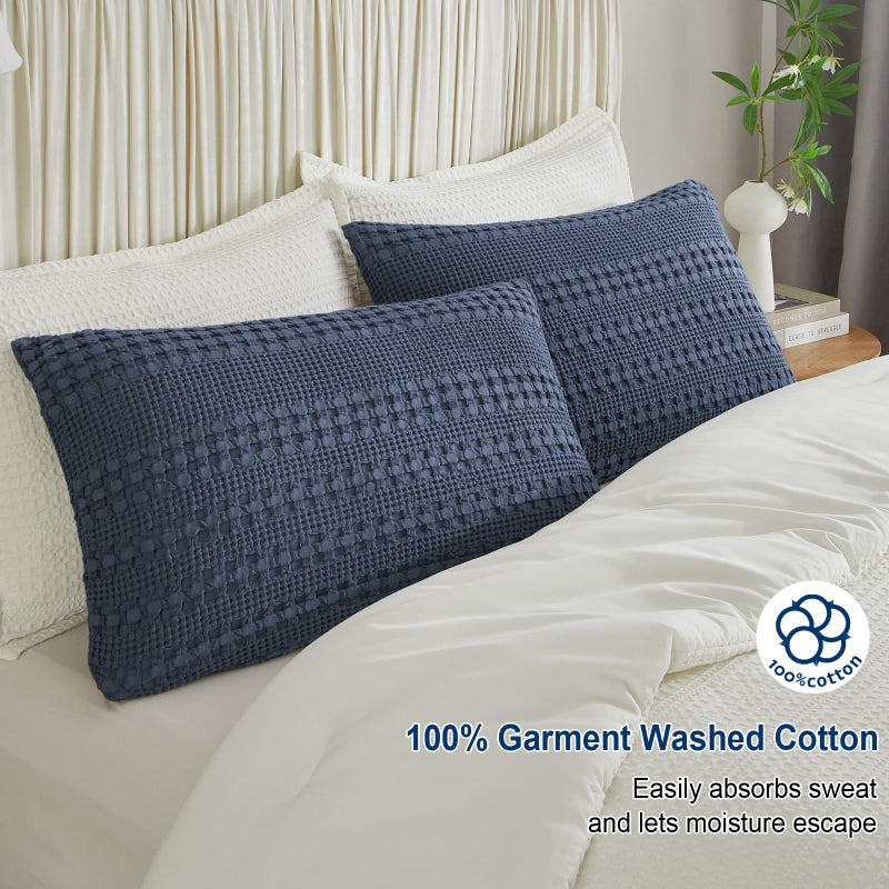 Phf 100% Cotton Waffle Pillow Shams Standard Size  2 Pack 20"" X 26"" Soft Skin-Friendly Pillowcases  No Filling  Aesthetic Woven And Breathable Waffle Weave Pillow Case Covers For Bed  Indigo - Image 3