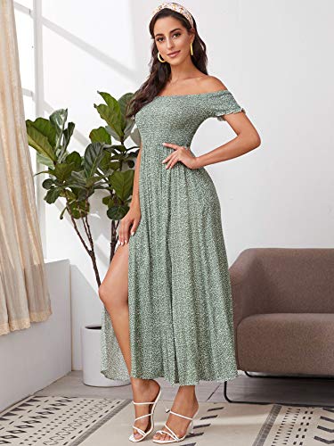 Floerns Women's Boho Floral Print Off Shoulder Split Long A Line Dress A Green M - Image 3