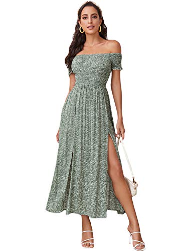 Floerns Women's Boho Floral Print Off Shoulder Split Long A Line Dress A Green M - Image 1