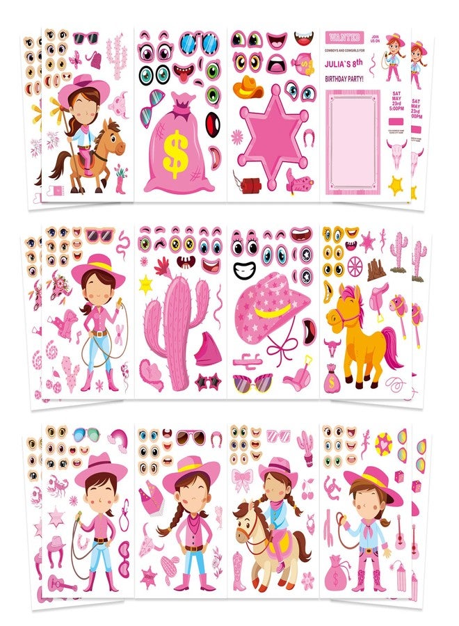 DUJAA 24 Sheets Cowboy Cowgirl Stickers for Kids, Country Western Cowgirl Make a Face Sticker, Make Your Own Stickers Sheets, Pink Cool Theme Art Craft Supplies - Image 1