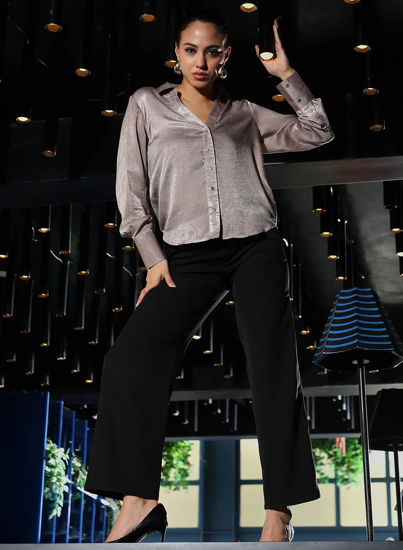 Pinacolada  Women's Pastel Lilac Crushed-Satin Tailored Shirt | نساء | أكمام طويلة | سادة | كاجوال | قميص | طوق منتشر for Women | Best Price UAE