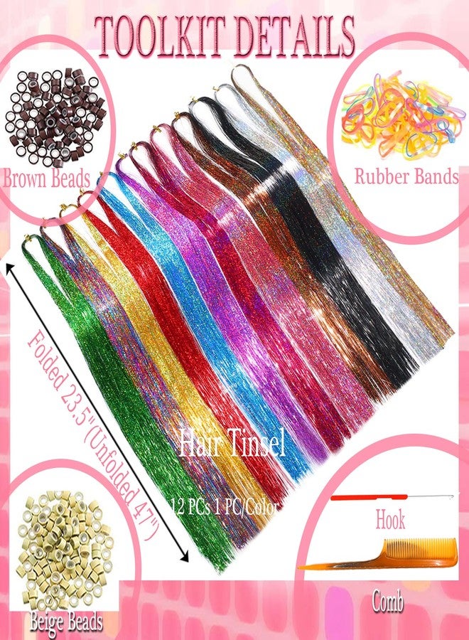 HandWig Hair Tinsel Tools Kit,Fairy Hair Strands for Women,12 Colors with Tools, 47 Inches,Easy Apply Hair Highlights for Party Festival Daily Use - Image 2