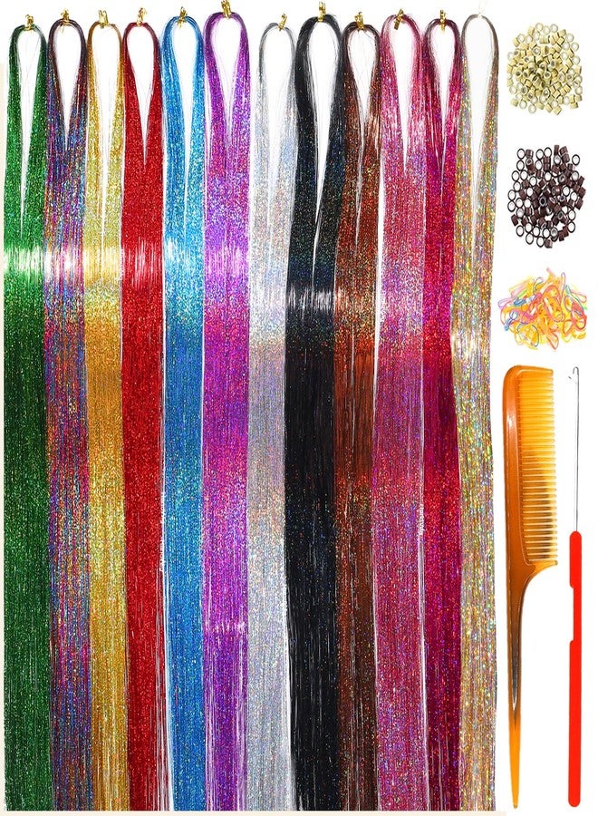HandWig Hair Tinsel Tools Kit,Fairy Hair Strands for Women,12 Colors with Tools, 47 Inches,Easy Apply Hair Highlights for Party Festival Daily Use - Image 1