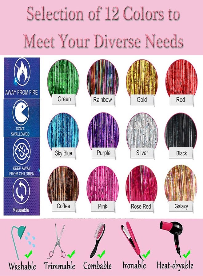 HandWig Hair Tinsel Tools Kit,Fairy Hair Strands for Women,12 Colors with Tools, 47 Inches,Easy Apply Hair Highlights for Party Festival Daily Use - Image 3