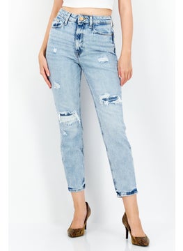 Women Mom Fit Rip Non Stretchable Denim Jeans, Wash Blue