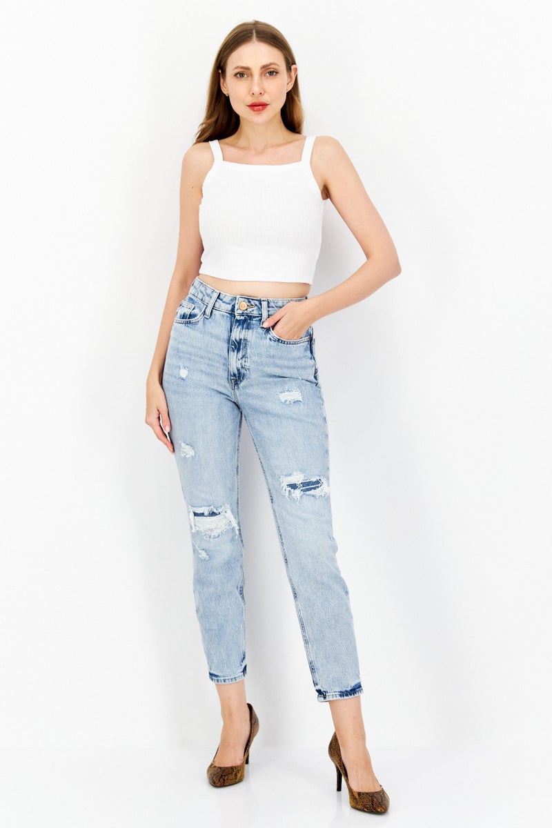 RIVER ISLAND Women Mom Fit Rip Non Stretchable Denim Jeans, Wash Blue - Image 2