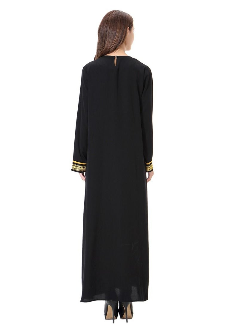 Loquat Women's Embroidered Dress Full Length Long Sleeves Abaya Robe Black/Gold  - Image 2