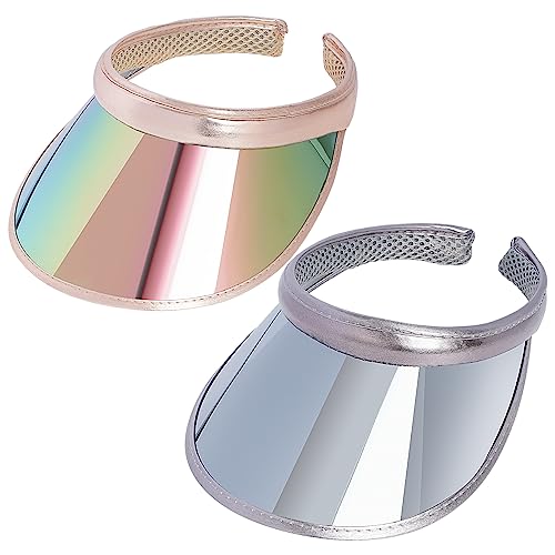 Fumwase 2 Pack Sun Visor Hats Women UV Sports Iridescent Multi Color Tennis Golf UPF Cap Headwear for Men Women Outdoor Summer Travel (Khaki & Silver) - Image 2