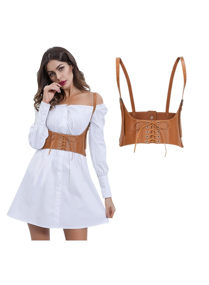 SYOSI Corset Belts Women Fashion PU Leather Belt Vest Punk Adjustable Underbust Corset Belt for Girls Dresses Cosplay Party Rave Costume Brown S - Image 2