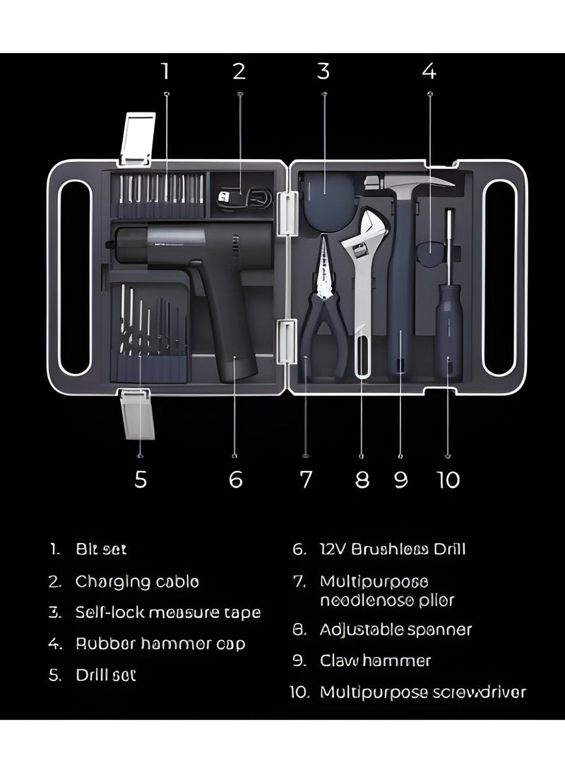 HOTO 12V Brushless Electric Drill Kit QWDZGJ001 Tool Set With Different Tools 12V Brushless Drill Multipurpose Needlenose Plier & Measure Tape - Black  - Image 2