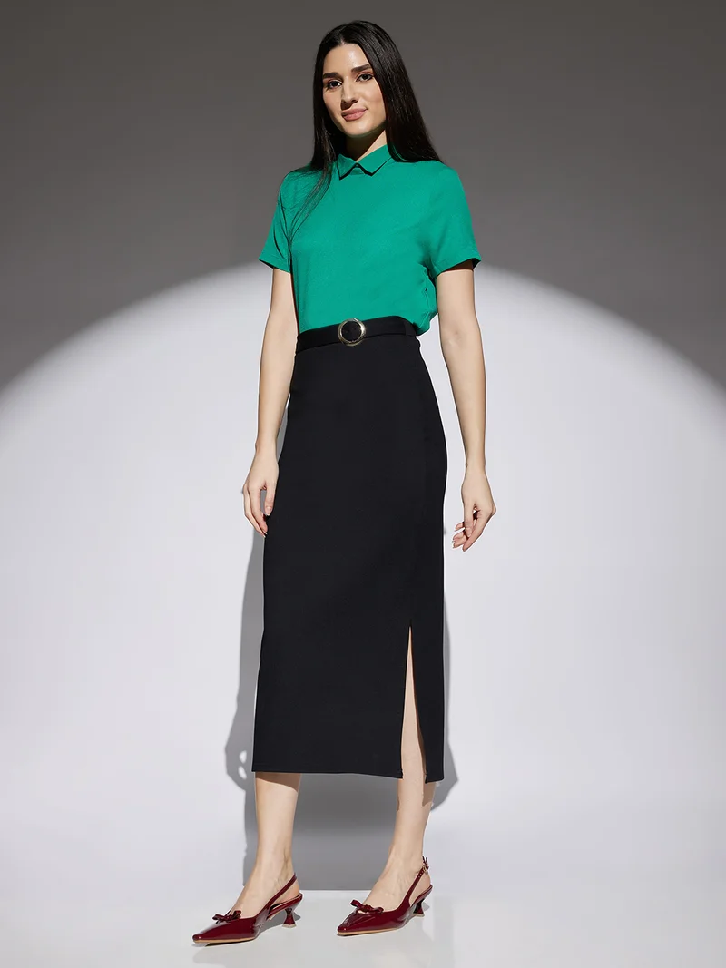globus Women Black Stretchable Mid Rise Side Slit Pencil Midi Workwear Skirt