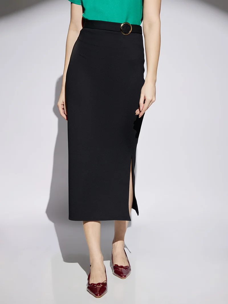 globus Women Black Stretchable Mid Rise Side Slit Pencil Midi Workwear Skirt