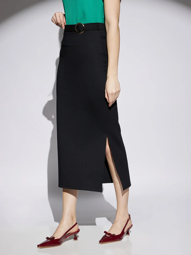 globus Women Black Stretchable Mid Rise Side Slit Pencil Midi Workwear Skirt