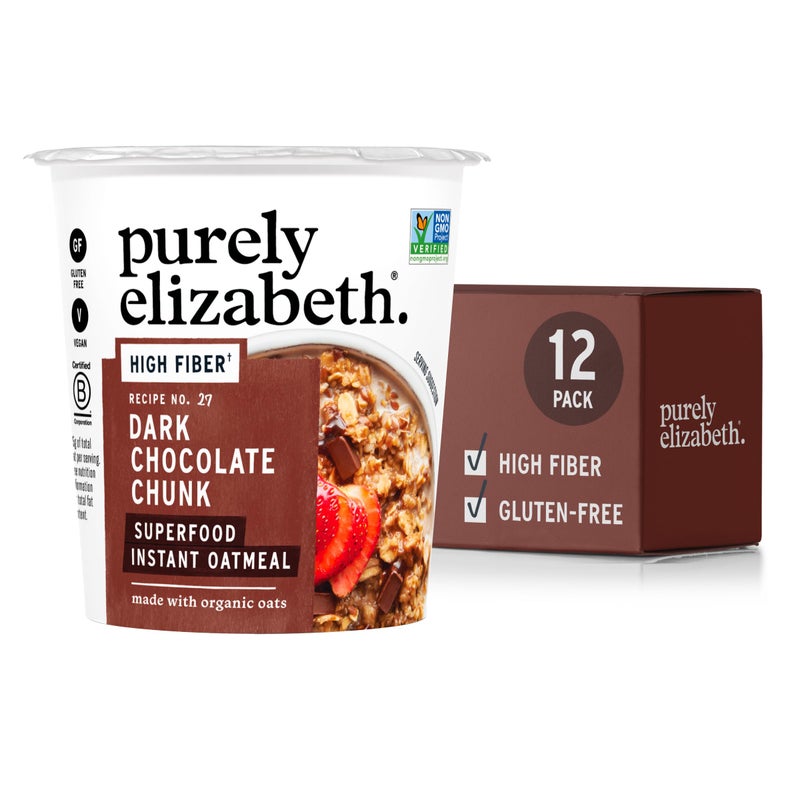 Purely Elizabeth Superfood Oatmeal Cup with Prebiotic Fiber Dark Chocolate Chunk Vegan Friendly Organic Gluten Free NonGMO 176 Ounce Pack of 12