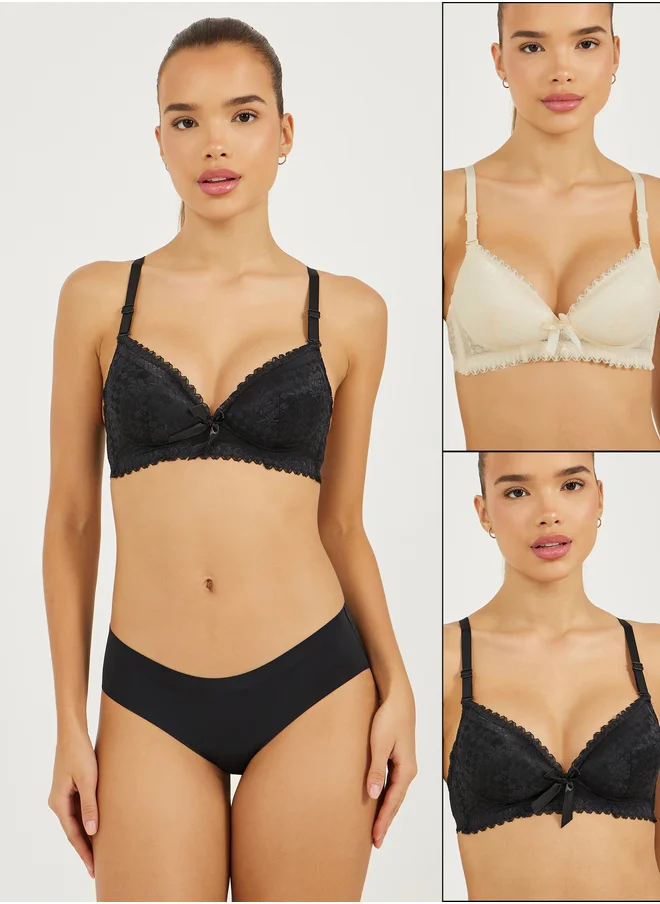 Styli Pack of 2 - Padded Wired Scalloped Edge Lace Bow Detail T-Shirt Bra