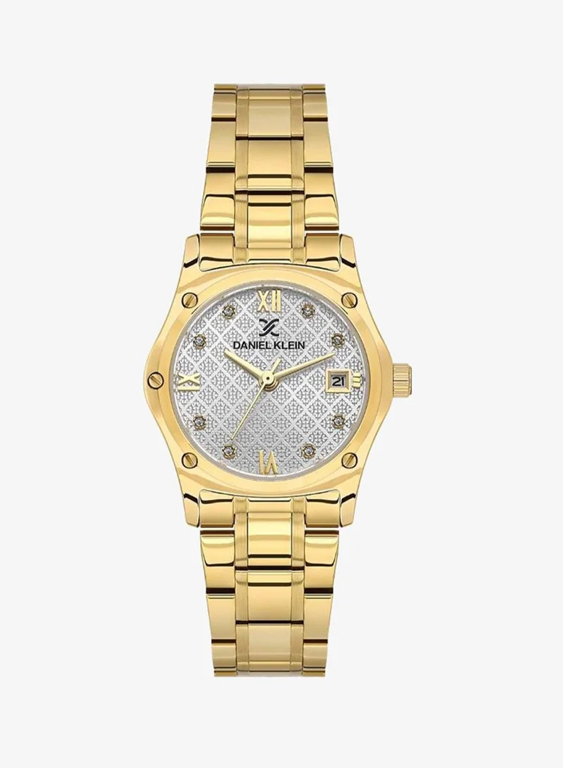 Daniel Klein Women's Stainless Steel Gold Alloy Case Analog Silver Round Emboss Dial Japanese Quartz Premium 30 Meters Water Resistant