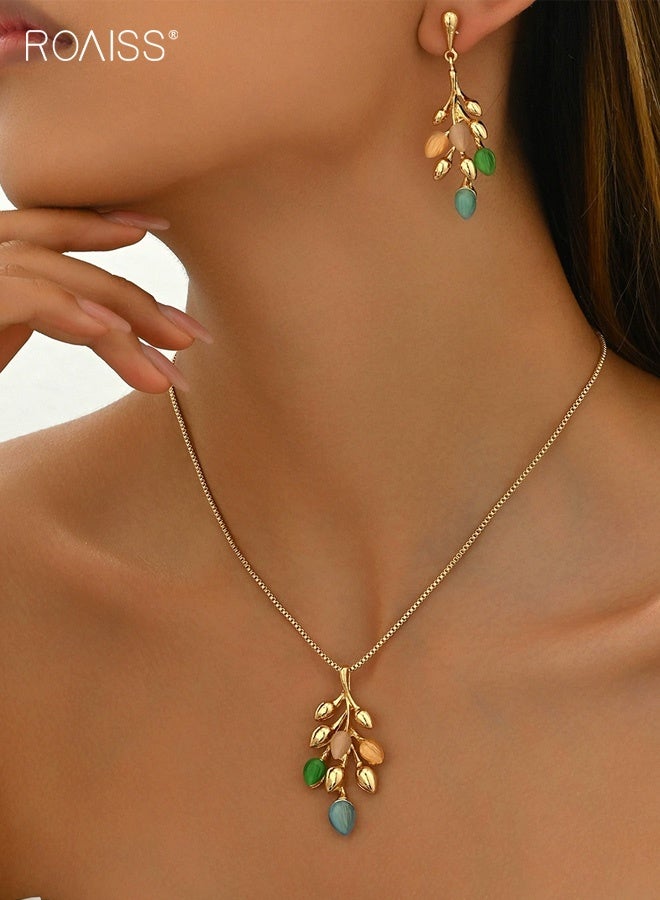 roaiss Colorful Leaf Branch Necklace for Women, Gold plated Cubic Zirconia Nature Pendant Jewelry, Elegant Necklace for Women Prom Party Jewelry Gifts - Image 4