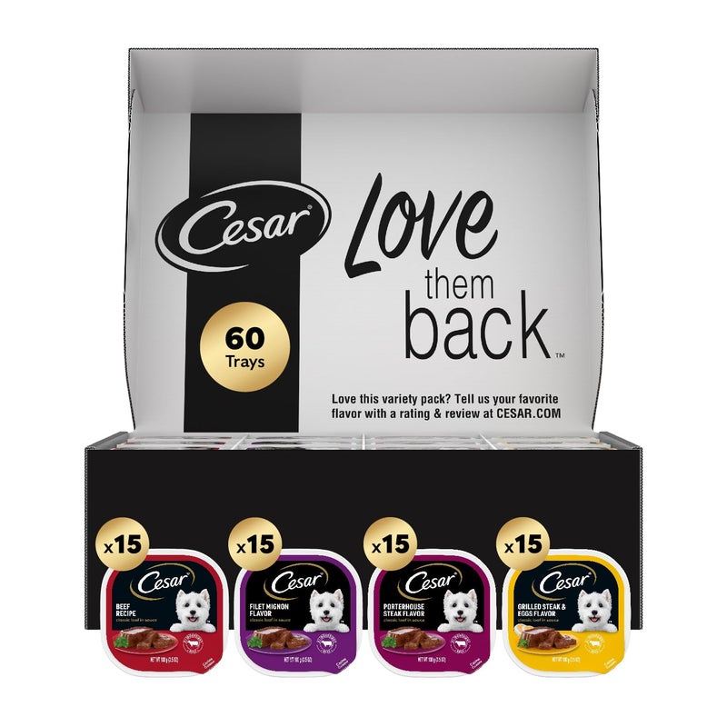 Cesar Wet Dog Food Classic Loaf in Sauce, Filet Mignon Flavor, Porterhouse Steak Flavor, Grilled Steak & Eggs Flavor, and Beef Flavor, 3.5 oz. Easy Peel Trays, Variety Pack, 60 Count - Image 1
