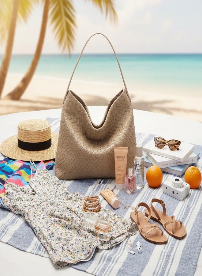 Sumrains Woven Tote Womens Shoulder Handbags: Vegan Leather Crossbody Bag - Elegant Satchel Purse for Travel - Daily Bucket Bags (Khaki) - Image 2