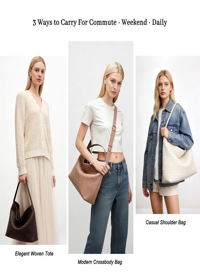 Sumrains Woven Tote Womens Shoulder Handbags: Vegan Leather Crossbody Bag - Elegant Satchel Purse for Travel - Daily Bucket Bags (Khaki) - Image 3