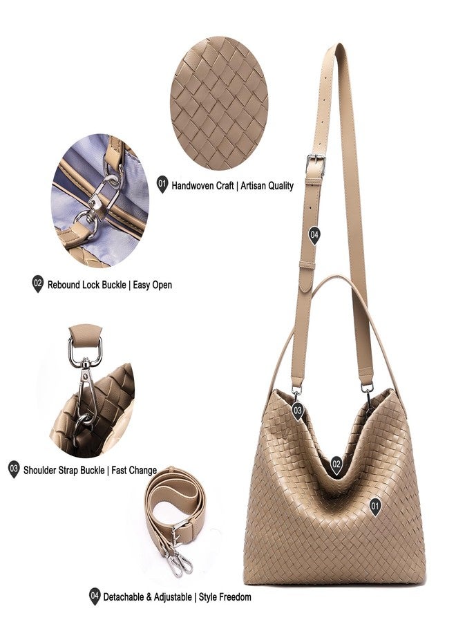 Sumrains Woven Tote Womens Shoulder Handbags: Vegan Leather Crossbody Bag - Elegant Satchel Purse for Travel - Daily Bucket Bags (Khaki) - Image 4
