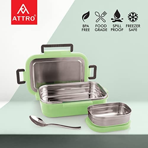 Attro Click Style Stainless Steel Insulated Airtight Leak-Proof Lunch Box for Office, School, Picnic, 800 Ml - Green - Image 5