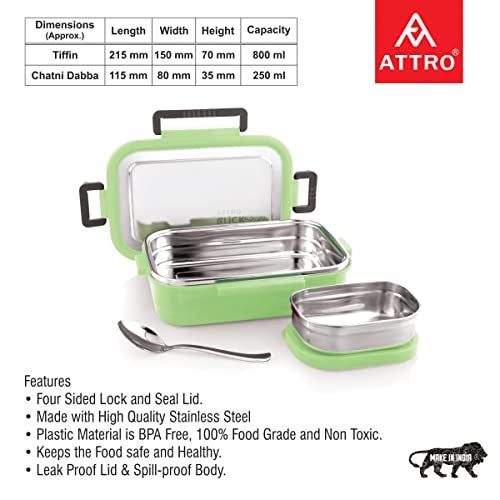 Attro Click Style Stainless Steel Insulated Airtight Leak-Proof Lunch Box for Office, School, Picnic, 800 Ml - Green - Image 4