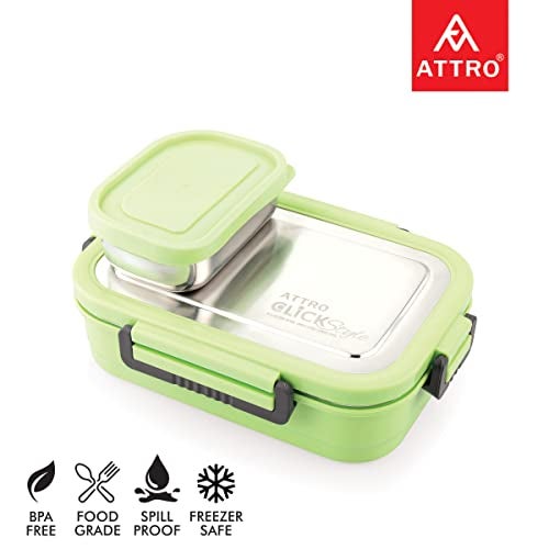 Attro Click Style Stainless Steel Insulated Airtight Leak-Proof Lunch Box for Office, School, Picnic, 800 Ml - Green - Image 2