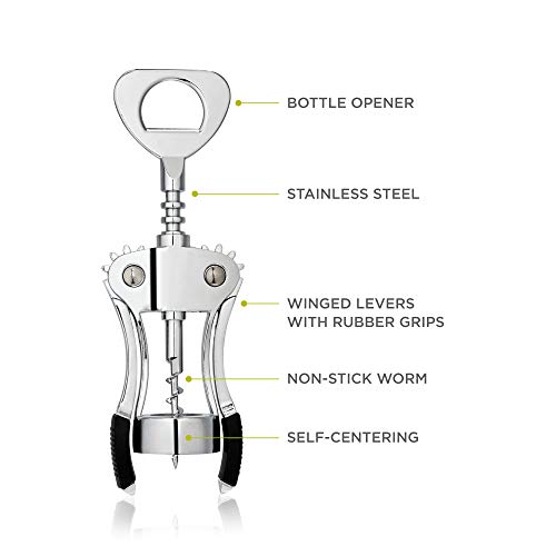 True Spiral Winged Corkscrew Wine Opener, Multi-Purpose Bottle Opener for Beers and Soft Drinks, Stainless Steel with Rubber Grip Wing Handle, for Bartenders, Home Bar, Kitchen, Restaurant, Silver - Image 3