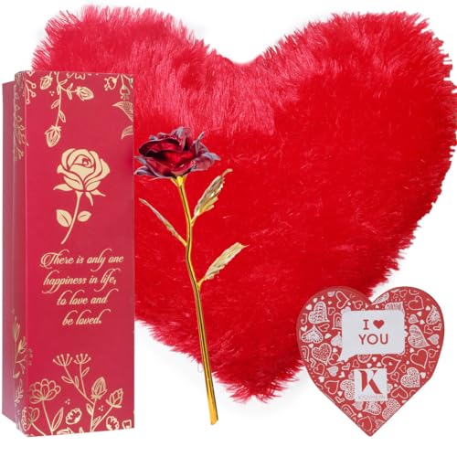 Next Bazaar Valentine Gift Red & Golden Rose, Red Fur Cushion with filler (15 x 15) and Heart shape greeting card - Image 1