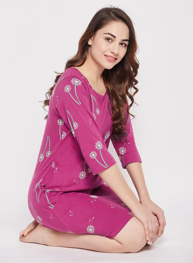 Clovia Clovia Pretty Florals Short Night Dress In Violet - 100% Cotton