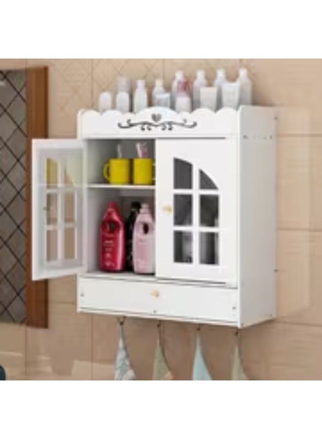 إيروريكس خزانة تخزين حمام معلقة على الحائط بباب مقاوم للغبار ودرج – تركيب بدون حفر وتصميم موفر للمساحة لمستحضرات التجميل والأدوات الصحية - Image 1