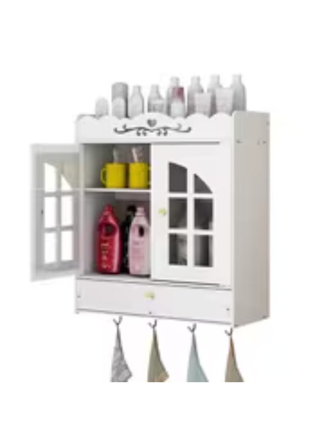 إيروريكس خزانة تخزين حمام معلقة على الحائط بباب مقاوم للغبار ودرج – تركيب بدون حفر وتصميم موفر للمساحة لمستحضرات التجميل والأدوات الصحية - Image 2