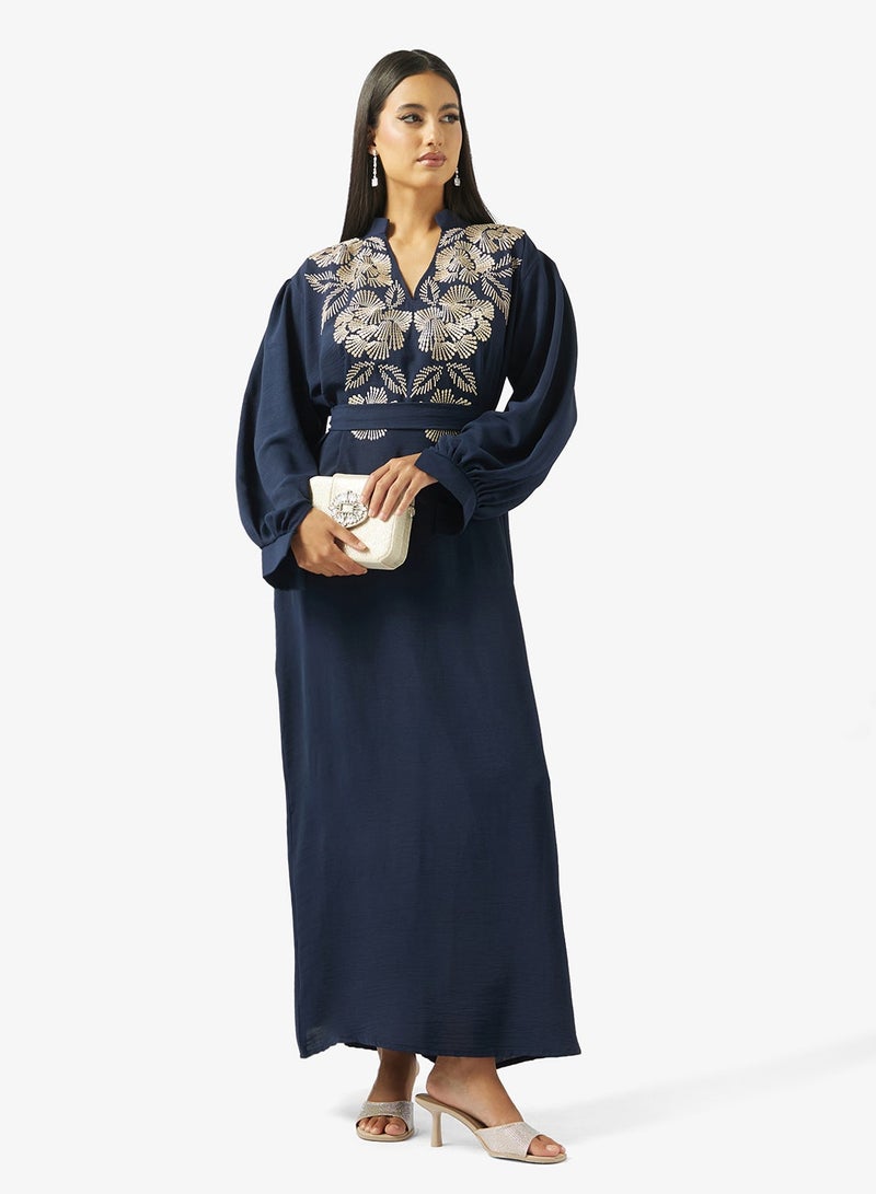 hayas closet Collar Type Floral Embroidery Work At Front Section And Belt Jalabiya - Image 5