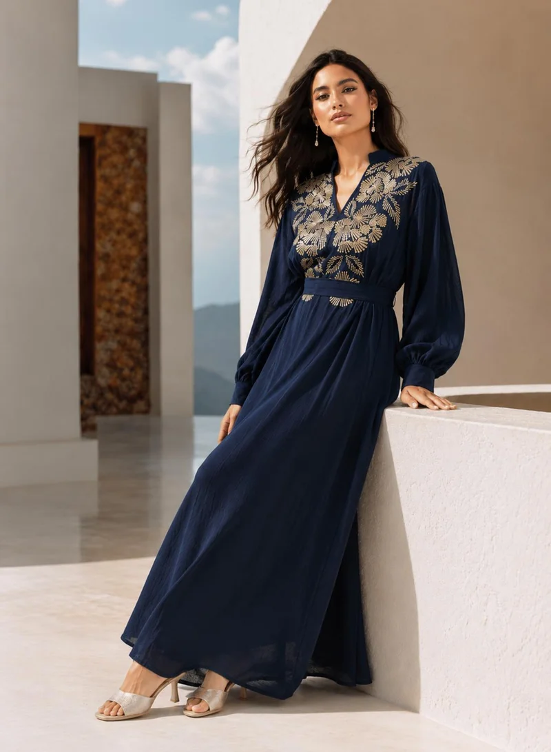 hayas closet Collar Type Floral Embroidery Work At Front Section And Belt Jalabiya