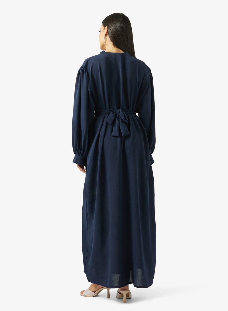 hayas closet Collar Type Floral Embroidery Work At Front Section And Belt Jalabiya - Image 3