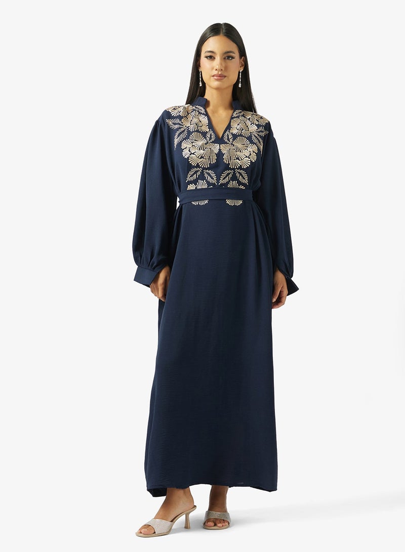 hayas closet Collar Type Floral Embroidery Work At Front Section And Belt Jalabiya - Image 2