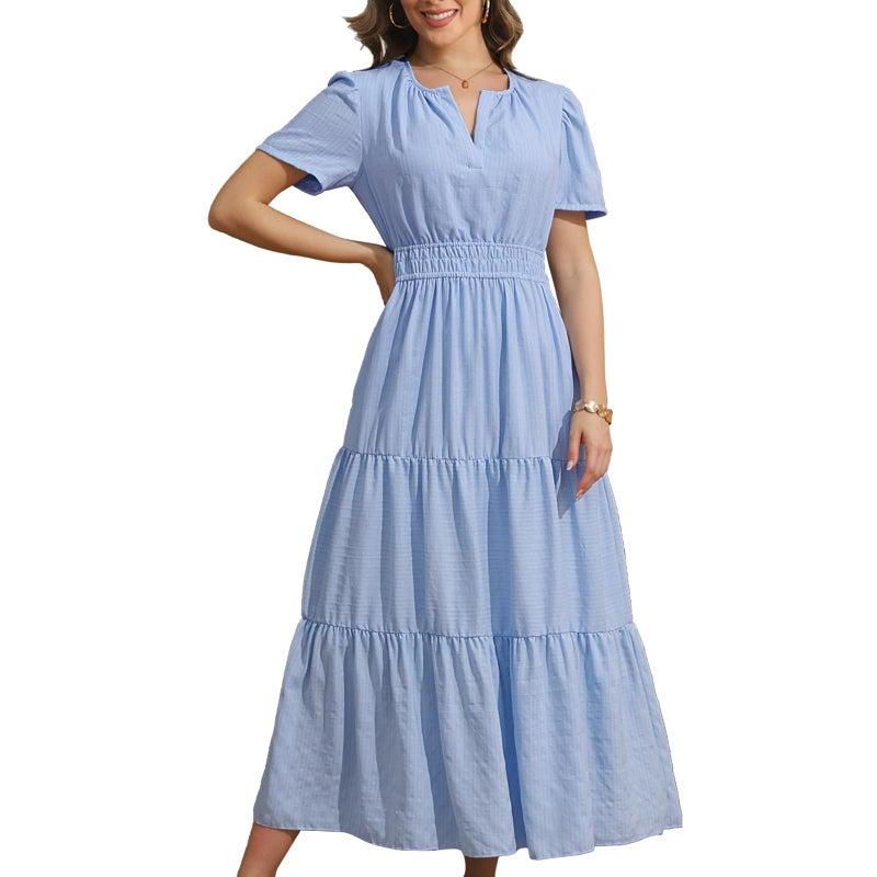 Rainday Womens Casual Maxi Dresses Fashion Holiday Short Sleeved Elastic Waist Beach Boho Dress with Pockets(Z3918BU,XL) - Image 1