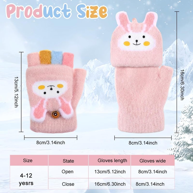Hannea Winter Gloves for Girls 4-12 Years Old, Cartoon Bunny Fingerless Winter Mitts with Guard Flap, Soft Plush Warm Gloves Christmas Gift for Girls - Image 2